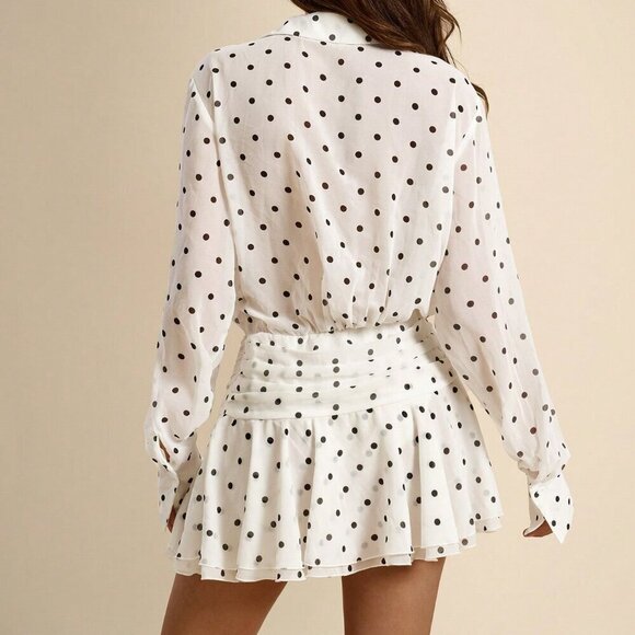 White Casual Women's Polka Dot Long Sleeve Sheer Chiffon mini dress - Picture 2 of 6